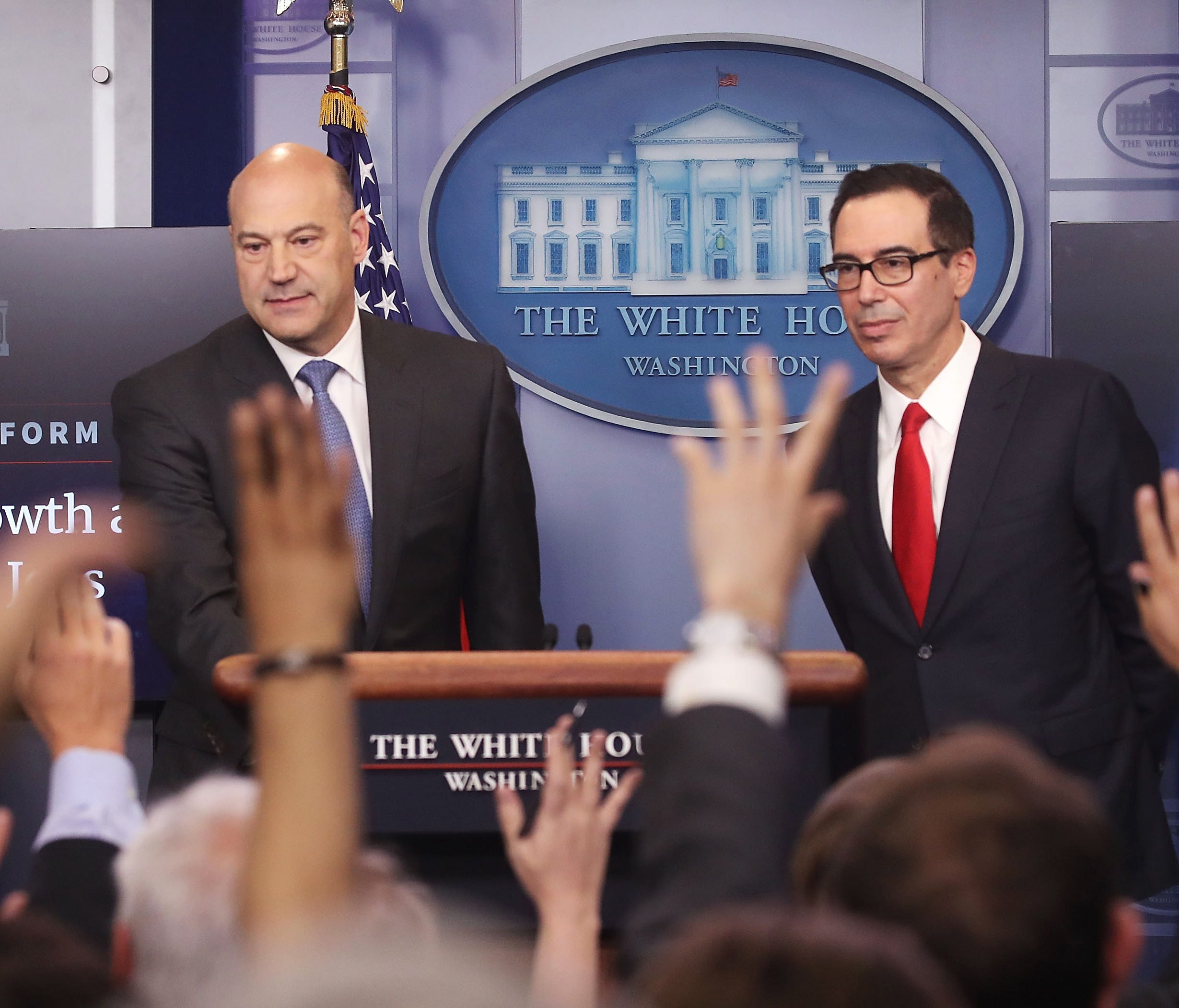 Treasury Secretary Steven Mnuchin and National Economic Council Director Gary Cohn speak about President Trump's new tax reform plan during a briefing at the White House on April 26, 2017.