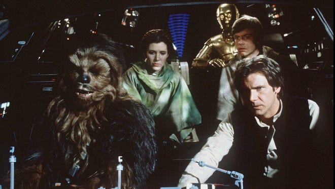 Chewbacca (Peter Mayhew, left), Princess Leia (Carrie Fisher), C-3PO (Anthony Daniels), Luke Skywalker (Mark Hamill) and Han Solo (Harrison Ford) are off to take down a second Death Star in "Return of the Jedi."