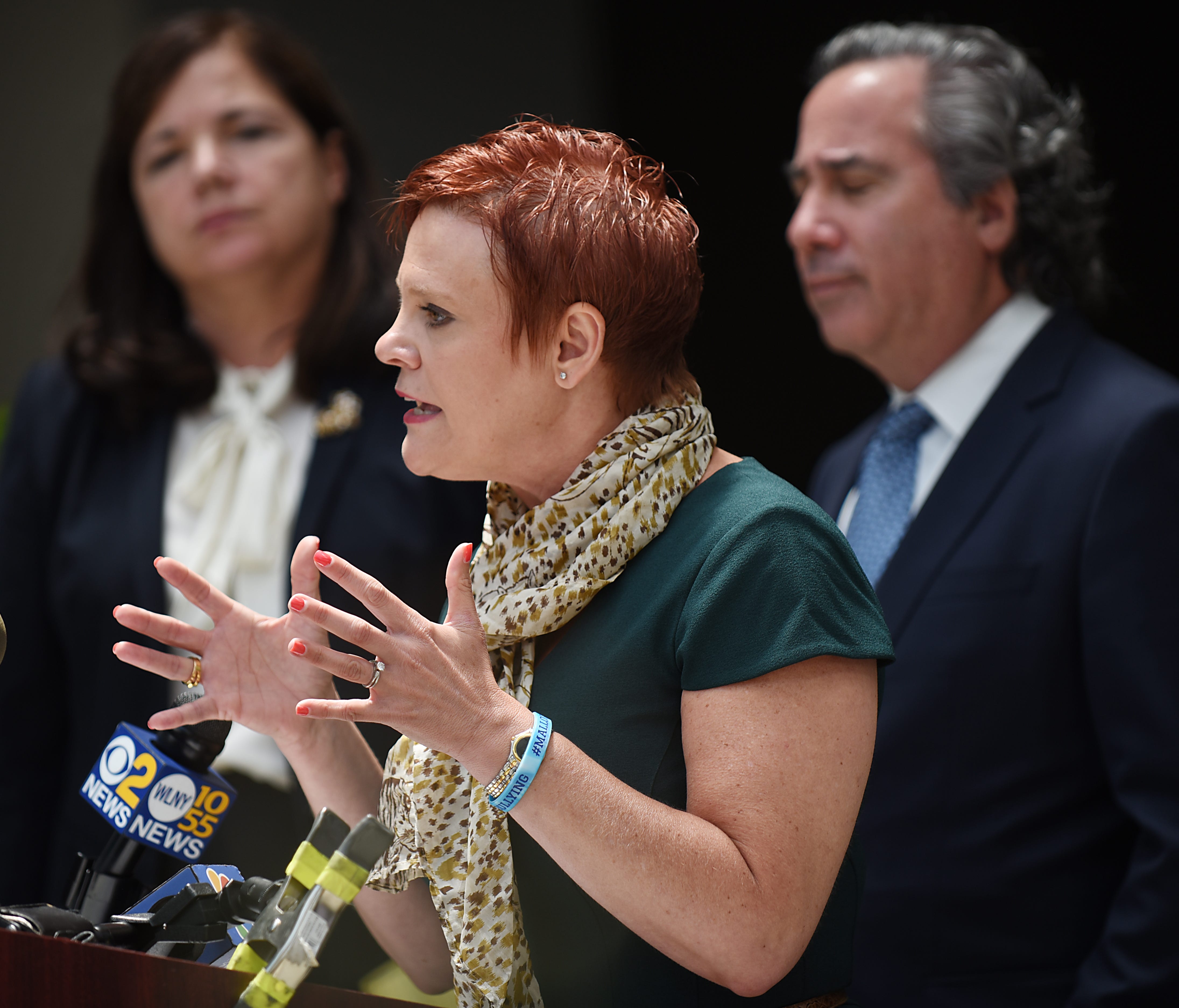 The Grossman family files lawsuit after their daughter Mallory commited suicide. Shown during a press conference at Nagel Rice Law Offices in Roseland, NJ in Tuesday June 19, 2018. (From left) Diane H. Sammons, Diane Grossman and Bruce H. Nagel.