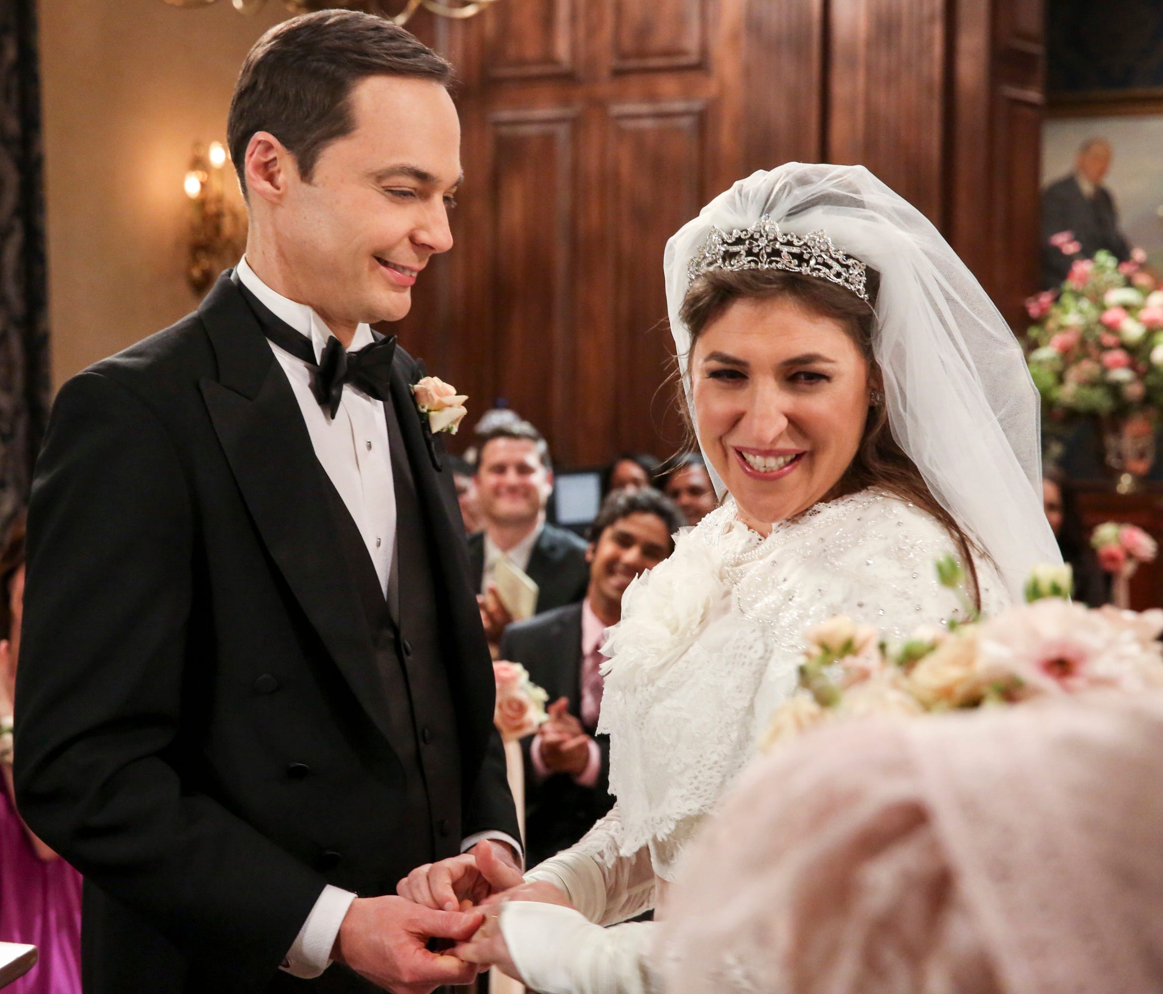 Eight years after their first date at a coffee shop, Sheldon (Jim Parsons), left, and Amy (Mayim Bialik) got married in Thursday's Season 11 finale of 'The Big Bang Theory.'