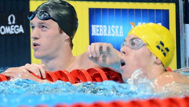 20120702_ajl_br1_111.jpg Jul 2, 2012; Omaha, NE, USA; Andrew Gemmell (left) and Connor Jaeger look at their time after competing in the mens 1500m freestyle final in the 2012 U.S. Olympic swimming team trials at the CenturyLink Center. Gemmell won first place and Jaeger won second. Mandatory Credit: Matt Ryerson-US PRESSWIRE