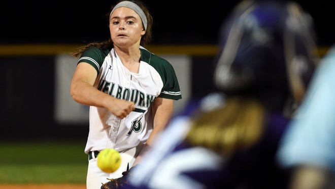 Melbourne's Gabby Lopresti pitches during Tuesday's game against Space Coast. 
