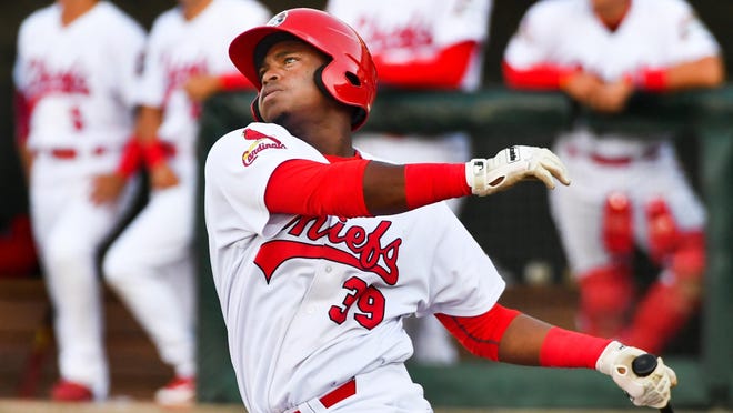 RON JOHNSON/JOURNAL STAR Peoria Chiefs third baseman Elehuris Montero smashes a home run, and was among six members of the first-place team to earn spots in the 54th Midwest League All-Star Game when rosters were announced Wednesday.