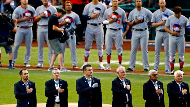 Medal of Honor recipients stand for the national anthem before the 2018 MLB All-Star Game at Nationals Park on July 17.