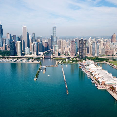 This is the Navy Pier and skyline of Chicago.