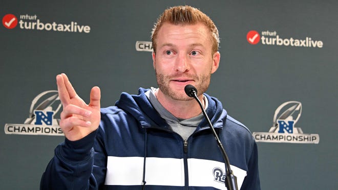 Jan 17, 2019; Thousand Oaks, CA, USA: Los Angeles Rams coach Sean McVay addresses the media at a press conference prior to the NFC Championship game against the New Orleans Saints. Mandatory Credit: Kirby Lee-USA TODAY Sports
