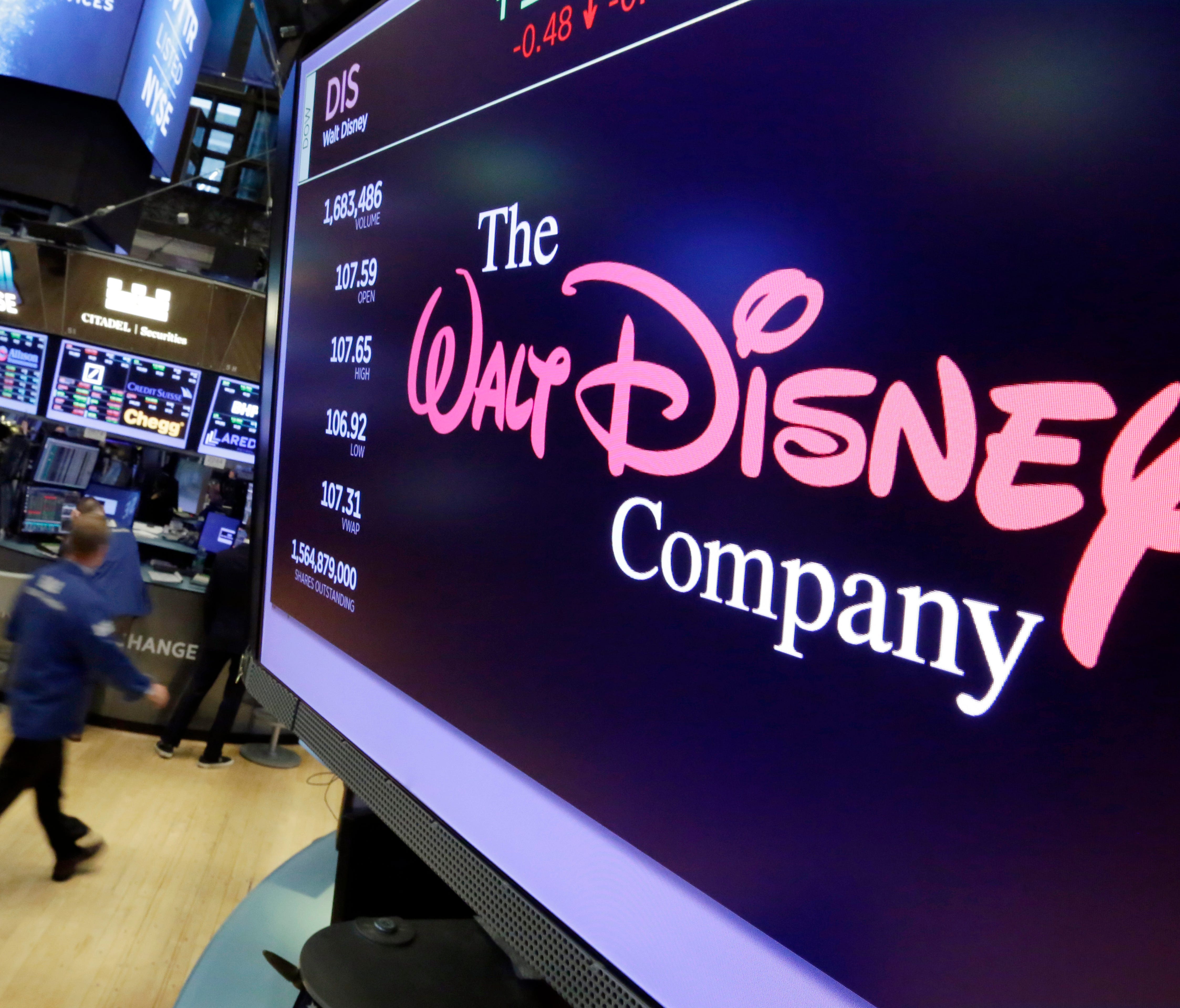 The Walt Disney Co. logo on a screen above the floor of the New York Stock Exchange on Aug. 7, 2017. CEO Robert Iger says the company will begin its own streaming service for Disney and Pixar movies in 2019.