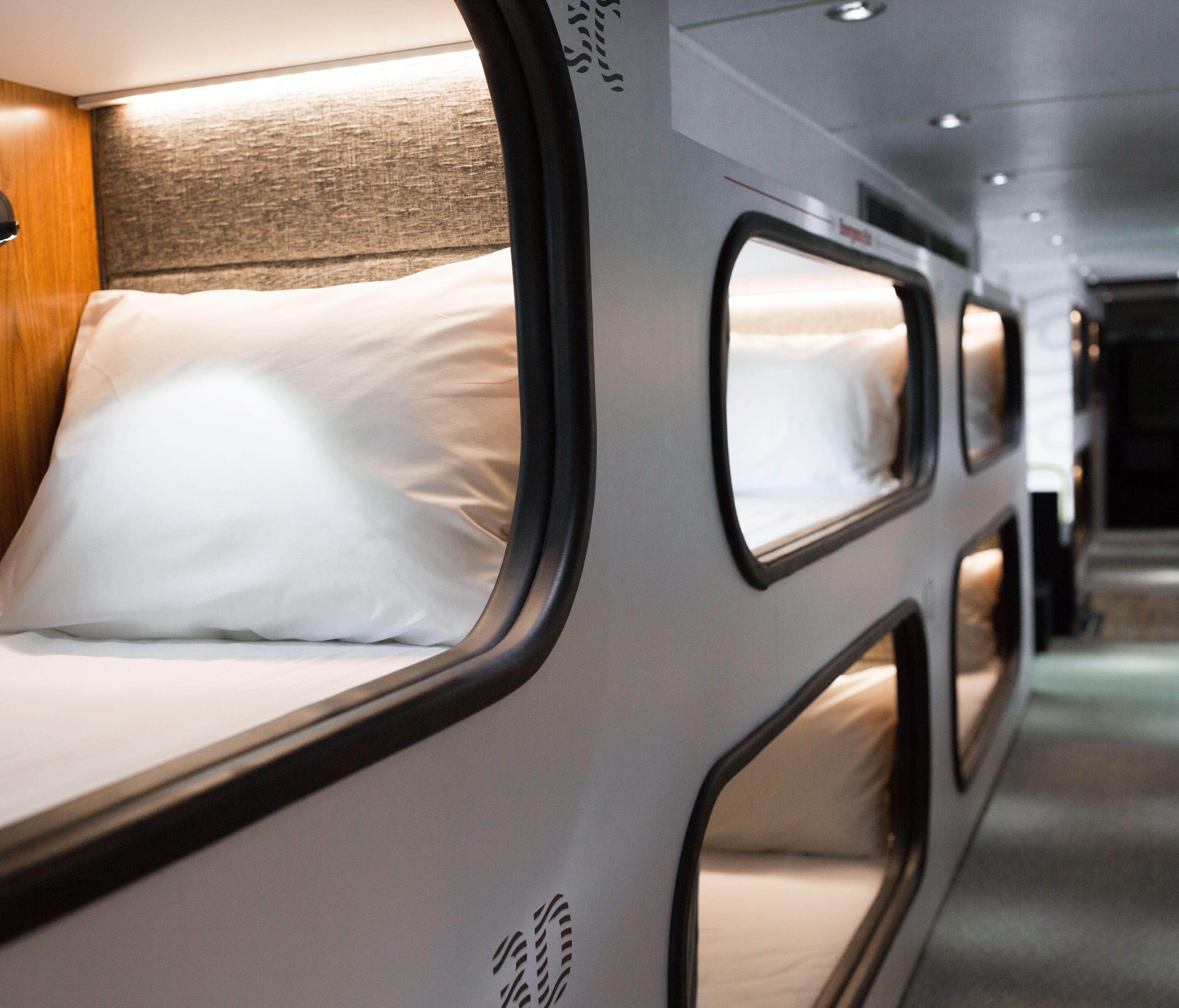 Cabin passengers each get a private sleeping pod.