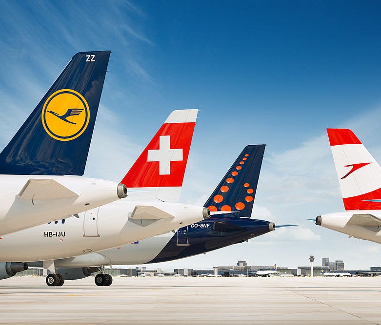 This image provided by the Lufthansa Group shows the tails of the company's airlines.