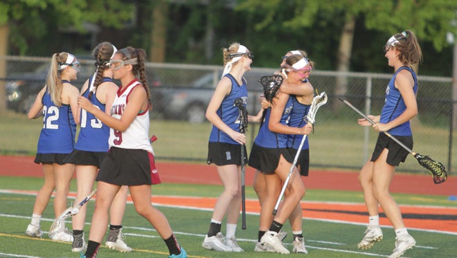 Bronxville celebrates after a goal from Sarah Wagner during a New York State girls lacrosse Class C regional final game between Bronxville and Scotia-Glenville at Mohonasen High School in Rotterdam on Saturday, June 4th, 2016. Bronxville won 18-1.