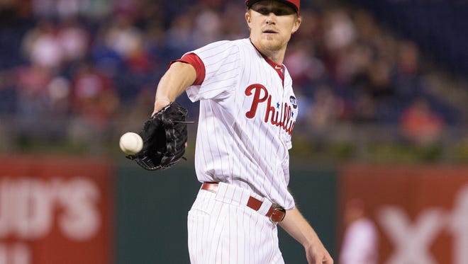 Phillies relief pitcher Jake Diekman (63) receives the ball to pitch during the seventh inning Thursday against the Cincinnati Reds at Citizens Bank Park. Credit: Bill Streicher-USA TODAY Sports