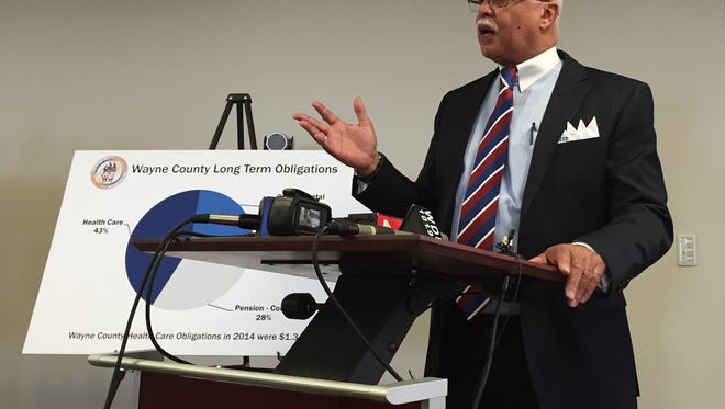 During a press conference at the Guardian Building in Detroit Monday, Wayne County Executive Warren Evans lays out his "recovery plan" to fix Wayne County finances.
