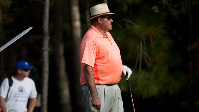 American sportscaster Chris Berman prepares to tee off during the Franklin Templeton Shootout Pro-Am at Tiburón Golf Club at The Ritz-Carlton Golf Resort Wednesday, Dec. 7, 2016 in Naples. 