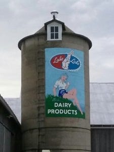 A reproduction of the iconic Lake to Lake girl that graced silos in northeast Wisconsin beginning in 1953, is emblazoned on the silo at the Agricultural Resource and Heritage Center in Kewaunee, WI.