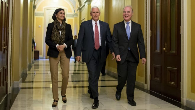 CMS Administrator Seema Verma, Vice President Mike Pence and Secretary of Health and Human Services Tom Price on Capitol Hill May 3, 2017 to met with lawmakers about health care legislation.