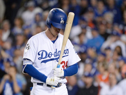 Game 7 at Dodger Stadium: Cody Bellinger reacts after