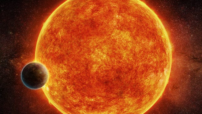 An artist’s impression of the newly-discovered rocky exoplanet, LHS 1140b that is located in the liquid water habitable zone surrounding its small, faint and red host star. The planet weighs about 6.6 times the mass of Earth and is shown passing in front of its host star.