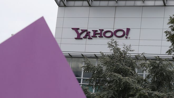 The Yahoo logo is displayed in front of the Yahoo headqarters on July 17, 2012 in Sunnyvale, California.