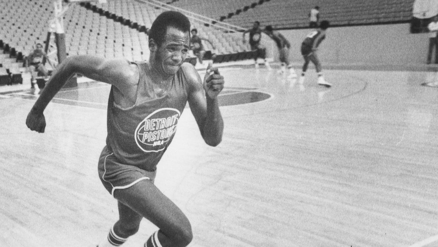 Terry Duerod runs through drills as a Detroit Piston in September of 1979.