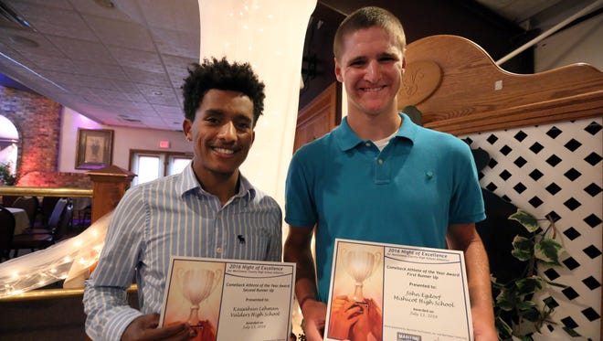Comeback Athlete of the Year  award nominees Valders' Kassahum Lehman, left, and Mishicot's John Egdorf pose for a photo at the 2016 Night of Excellence for Manitowoc County High School Athletics at Knox's Silver Valley on Wednesday, July 13. Lehman was the second runner up of the award and Egdorf was the first runner up. Winner was Kiel's Sydnee Pieper, who was not present at the banquet.