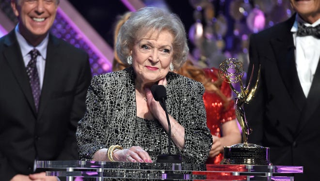 Betty White accepts the lifetime achievement award at the 42nd annual Daytime Emmy Awards at Warner Bros. Studios on Sunday, April 26, 2015, in Burbank, Calif.