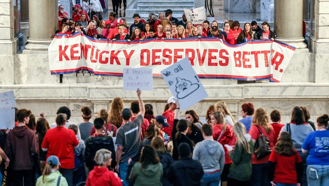 Hundreds of teachers from school districts around Kentucky rallied in Frankfort on Friday morning after pension reform legislation was pushed through on Thursday night.March 30, 2018
