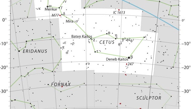 This IAU/ Sky & Telescope star map draws Cetus the Whale as H.A. Rey did, with the tail on the left (east). Deneb Kaitos, the brightest Cetus star, is also known as Diphda. The star to the left marked with the Greek letter that looks like a "T" is Tau Ceti. The bright planet Mars is presently (October 2020) above Cetus in the constellation Pisces. [Photo by IAU/ Sky & Telescope magazine (Own work) [CC BY-SA 3 (https://creativecommons.org/licenses/by-sa/3)], via Wikimedia Commons]