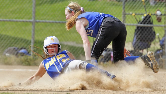 Maine-Endwell's Meaghan Raleigh comes up short as Pearl River's Meagan Woods makes the play at second.