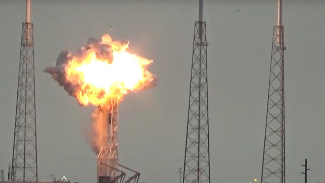 Mike Wagner,  USLaunchReport.com
Sep 1, 2016; Cape Canaveral, FL, USA; A SpaceX Falcon 9 rocket explodes on the launch pad during a test Thursday morning at Cape Canaveral Air Force Station. The rocket and payload, a satellite intended for Facebook to provide internet service in Africa, were destroyed in the blast.  Mandatory Credit: Mike Wagner, USLaunchReport.com [Via MerlinFTP Drop]