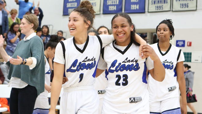 Cathedral City's Leanna Broom, left, and Maijoy Wooten react to winning their CIF semifinal game against Polytechnic in Cathedral City on Saturday, February 24, 2018.