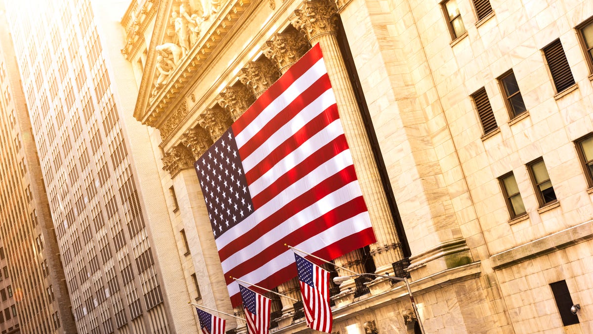 An American flag on the New York Stock Exchange building.