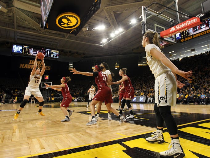 Iowa's Megan Gustafson takes a pass during the Hawkeyes'
