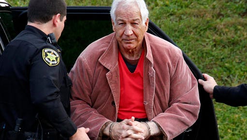 In this Oct. 29, 2015, file photo, former Penn State University assistant football coach Jerry Sandusky arrives for an appeal hearing at the Centre County Courthouse in Bellefonte, Pa. During a three-day Post-Conviction Relief Act hearing beginning Friday, Sandusky is seeking to overturn his 45-count conviction of sexually abusing 10 boys, from a 2012 trial where he didn't take the stand.