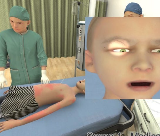 Using an Oculus simulator, a doctor checks the pupil of a virtual girl undergoing anaphylactic shock.