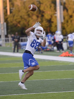 University of West Florida wide receiver Tate Lehtio catches the ball during Monday's practice.