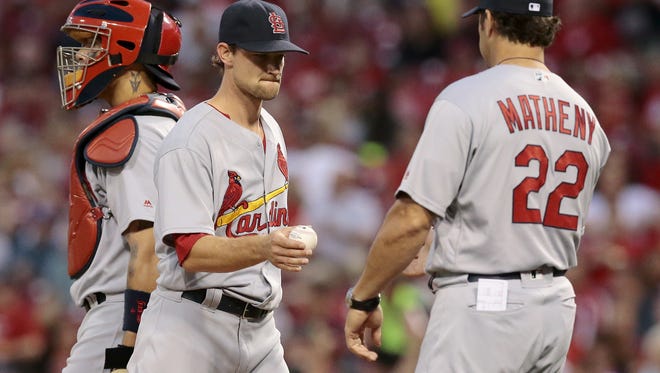 St. Louis Cardinals starting pitcher and former Red Mike Leake (47) leaves the game in the bottom of the seventh inning of the MLB National League game between the Cincinnati Reds and the St. Louis Cardinals at Great American Ball Park on Tuesday, June 7, 2016.