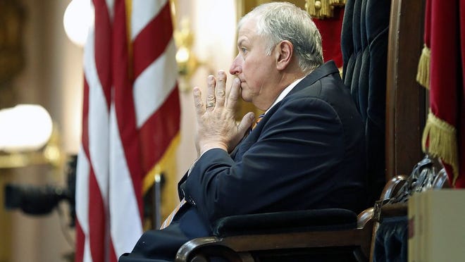 Speaker Larry Householder listens to a representative speak during an Ohio House session at the Ohio Statehouse in Columbus, Ohio on May 6, 2020.