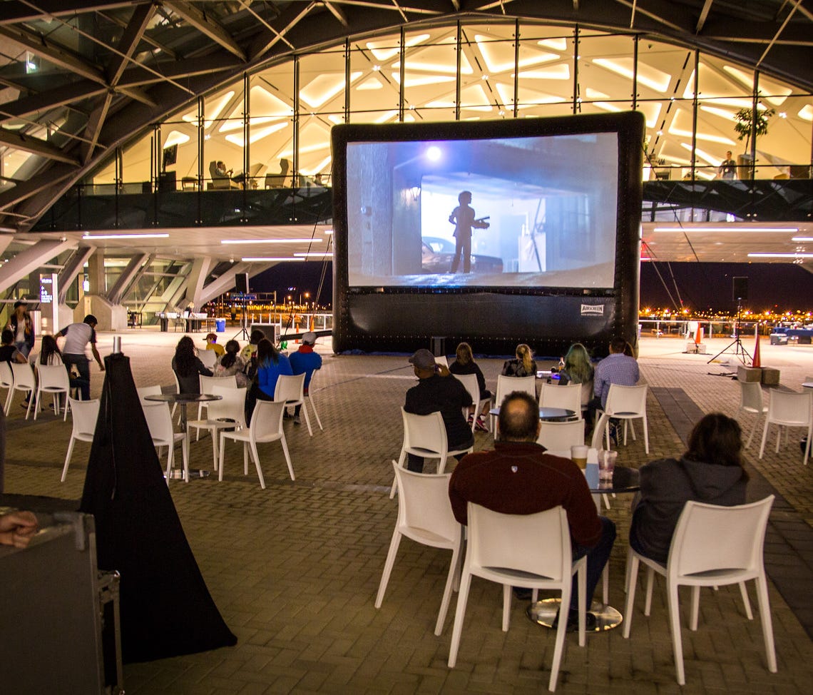 During 2016, Denver International Airport showed free movies on the outdoor plaza between the main terminal and the Westin Denver International Airport as part of a 