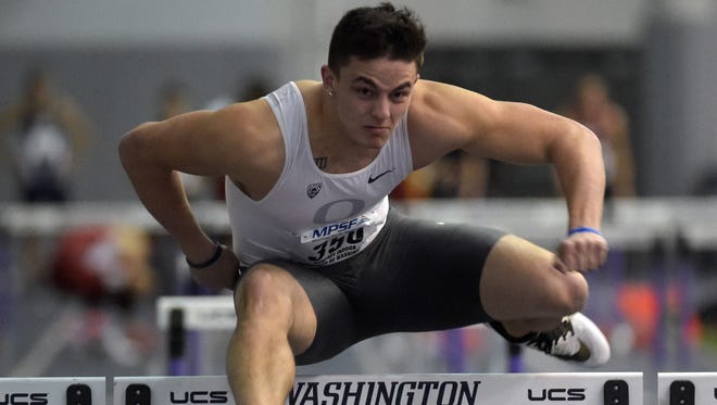 Feb 26, 2016; Seattle, WA, USA; Devon Allen of Oregon wins 60m hurdles heat in 7.88 during the 2016 MPSF Indoor Championships at the Dempsey Indoor. Mandatory Credit: Kirby Lee-USA TODAY Sports