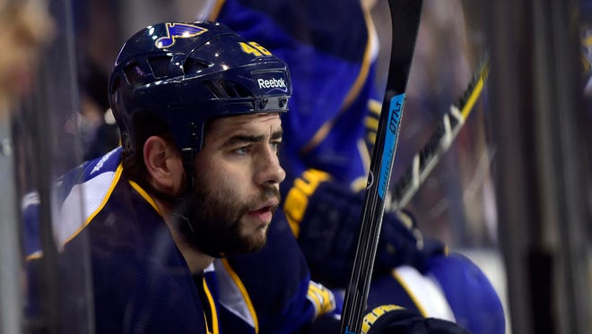 St. Louis Blues defenseman Roman Polak (46) watches the action against the Chicago Blackhawks during the playoffs.