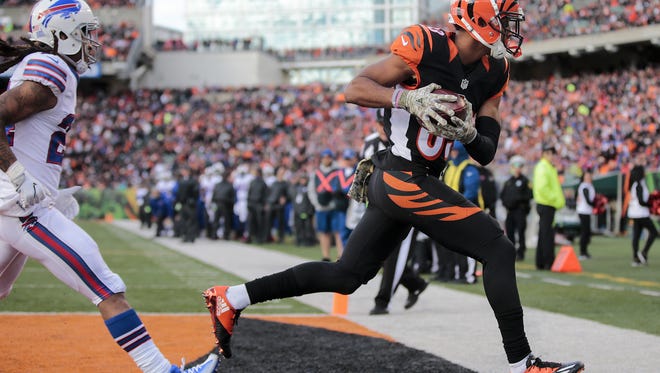 Cincinnati Bengals wide receiver Tyler Boyd (83) catches a touchdown in the second quarter during the Week 11 NFL football game between the Buffalo Bills and the Cincinnati Bengals, Sunday, Nov. 20, 2016, at Paul Brown Stadium in Cincinnati. It was his first professional touchdown.