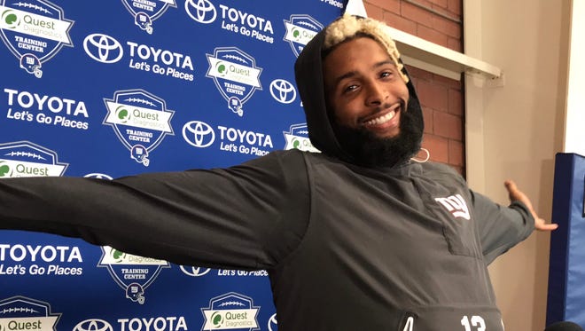 NY Giants wide receiver Odell Beckham Jr. speaks to reporters Saturday for the first time at training camp in East Rutherford, NJ