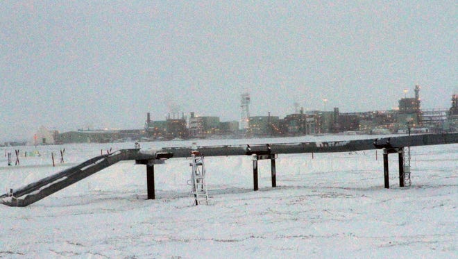 Ice forms in February 2016 on pipelines built near the Colville-Delta 5 field, or as it's more commonly known, CD5, drilling site on Alaska's North Slope. ConocoPhillips in October 2015 became the first to drill for oil in the National Petroleum Reserve-Alaska, a region the size of Indiana set aside by President Warren G. Harding in 1923.
