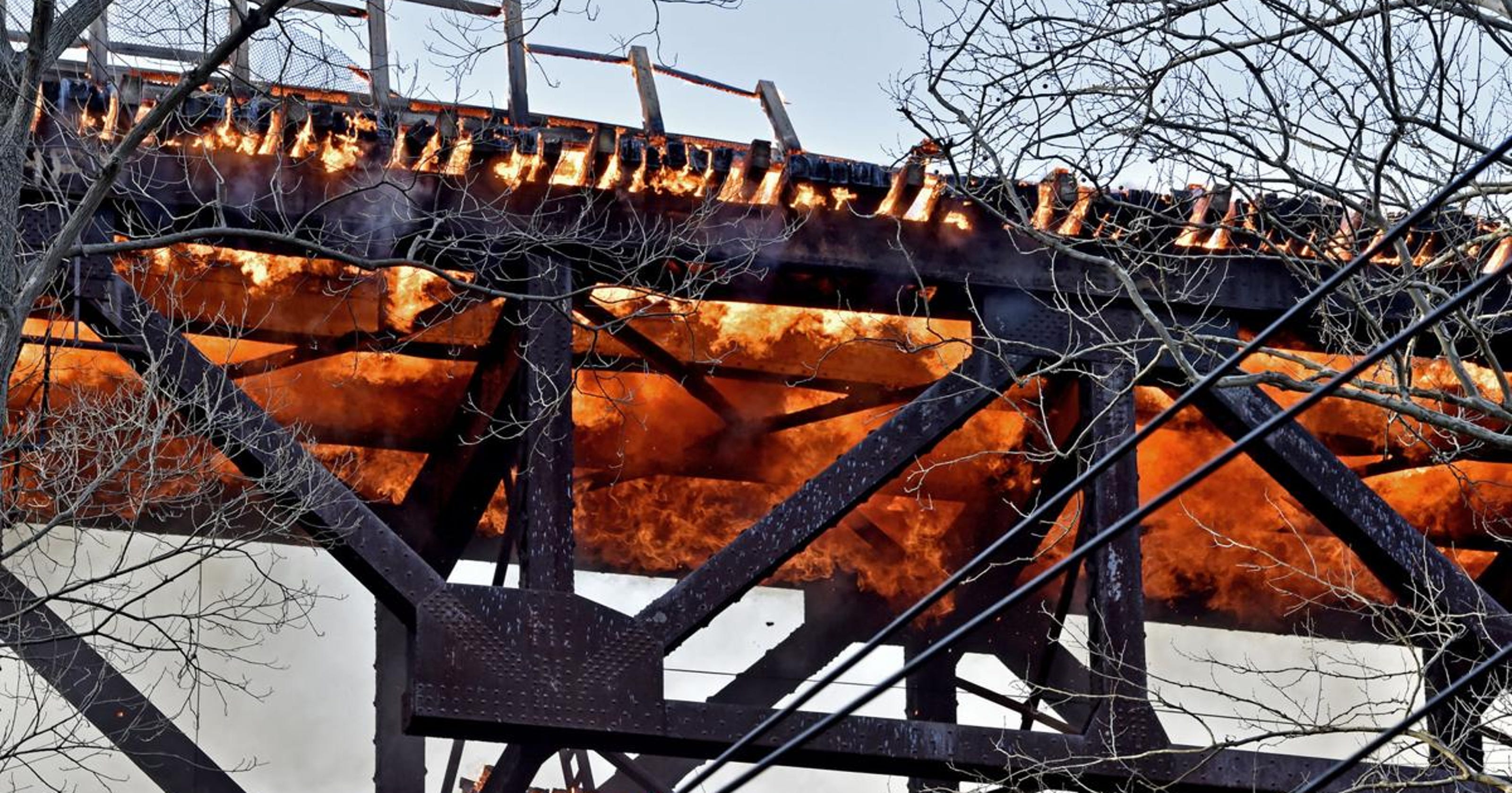 Fire engulfs railroad trestle bridge in Lancaster County