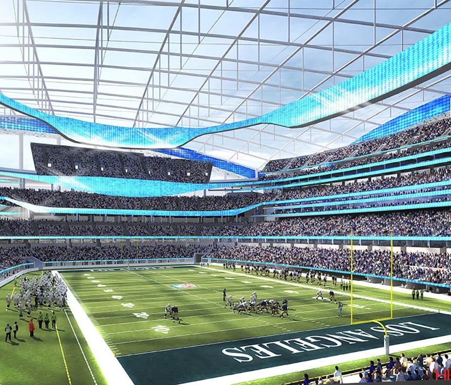 This undated rendering provided by HKS Sports & Entertainment shows a proposed NFL football stadium in Inglewood, Calif. During an NFL owners meeting Tuesday, Jan. 12, 2016, in Houston the owners voted to allow the St. Louis Rams to move to a new sta