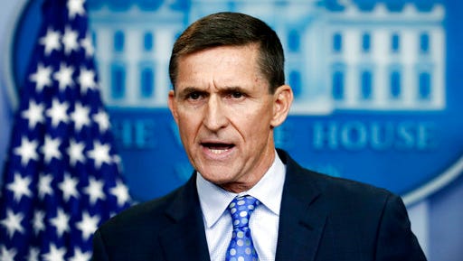 FILE- In this Feb. 1, 2017, file photo, then-National Security Adviser Michael Flynn speaks during the daily news briefing at the White House, in Washington. Flynn resigned as President Donald Trump's national security adviser on Feb. 13, 2017. (AP Photo/Carolyn Kaster, File)