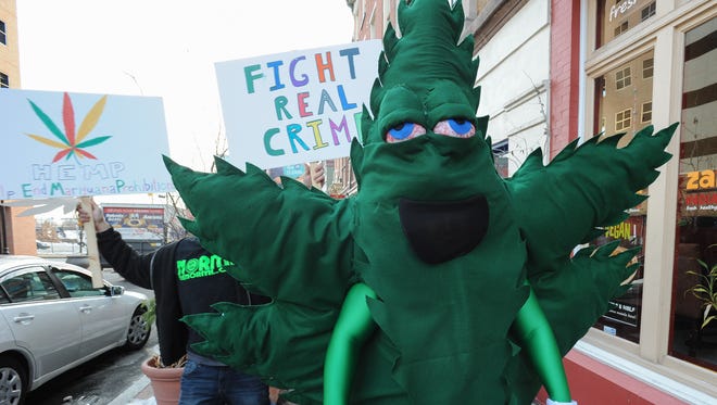 Delaware pot activist Michael Pukatsch, of Claymont, dressed as a marijuana leaf during a pro-pot rally in Wilmington this February.