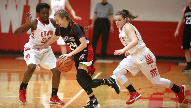Erwin's Zenobia Lytle, left, and Kasey Kidwell defend Central Davidson's Jordan Chavis on Saturday.