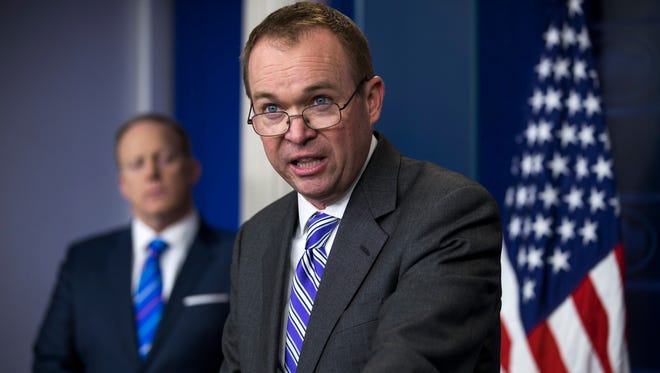 White House budget director Mick Mulvaney speaks to the media during Sean Spicer's daily press briefing on Feb. 27, 2017.