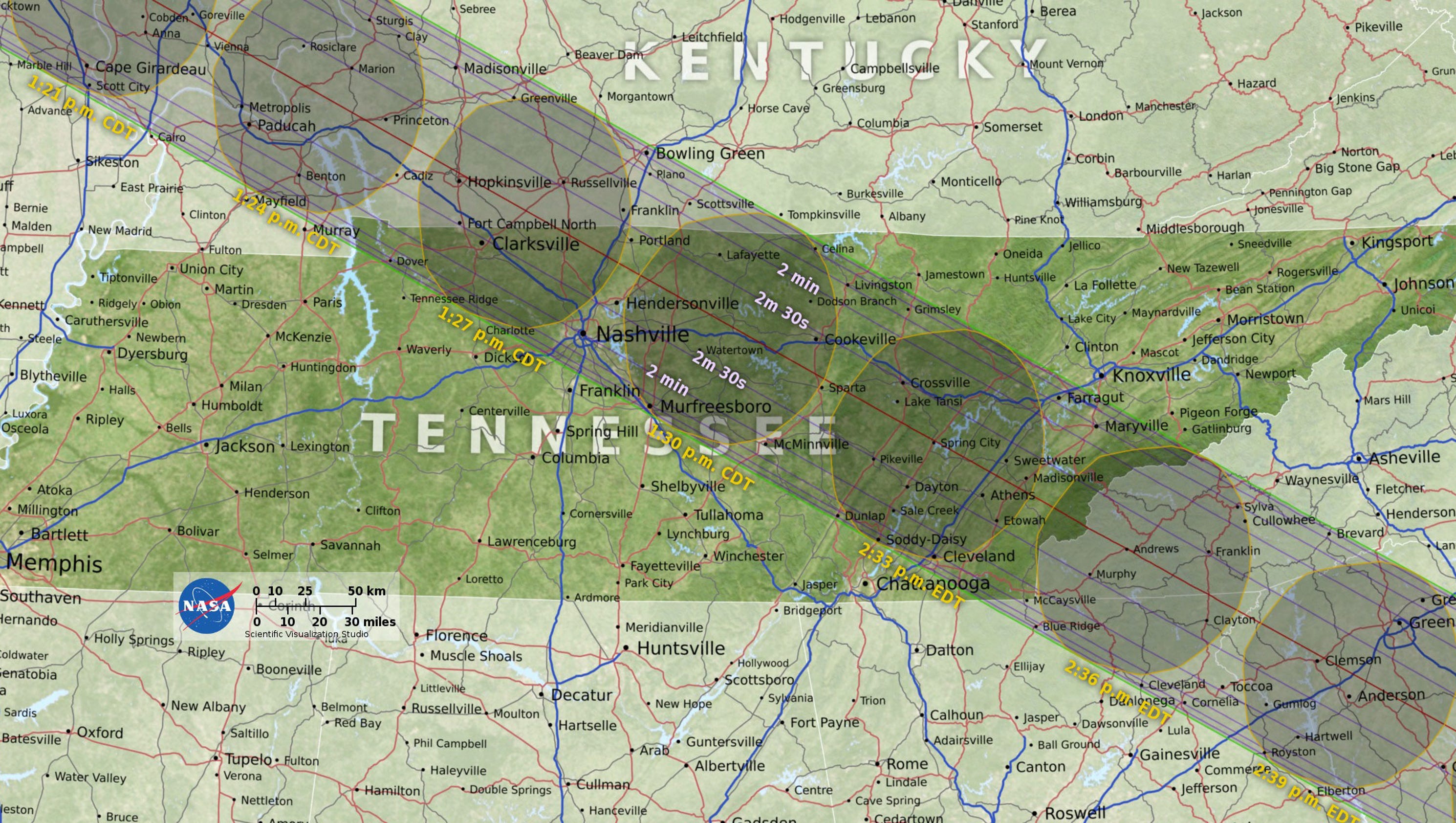 Solar Eclipse 2017 Map The path of totality through Tennessee minute
